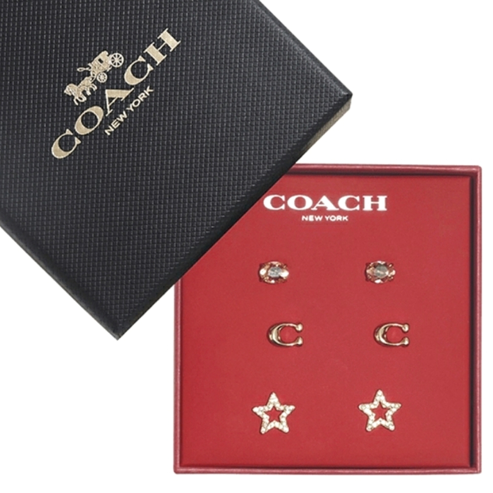 Coach Signature Star Earrings Set. 3 pairs in gift box. Pink, gold tone